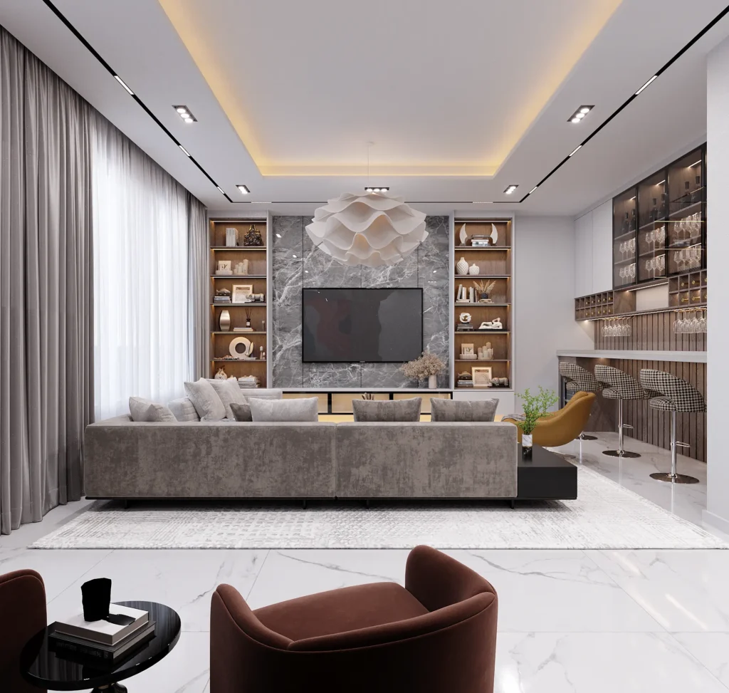 Veronica Courts Abuja luxury living room with open-plan layout and high ceilings