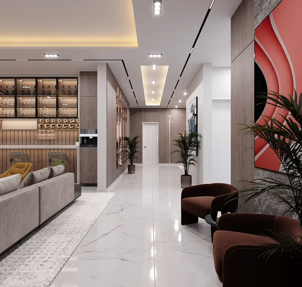 Veronica Courts Abuja formal dining room with designer lighting and contemporary décor