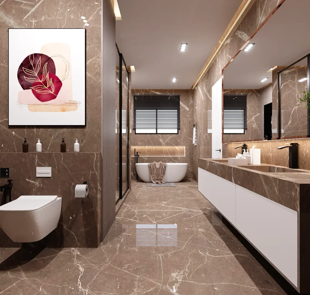 Veronica Courts Abuja master bathroom with freestanding bath and designer tiling